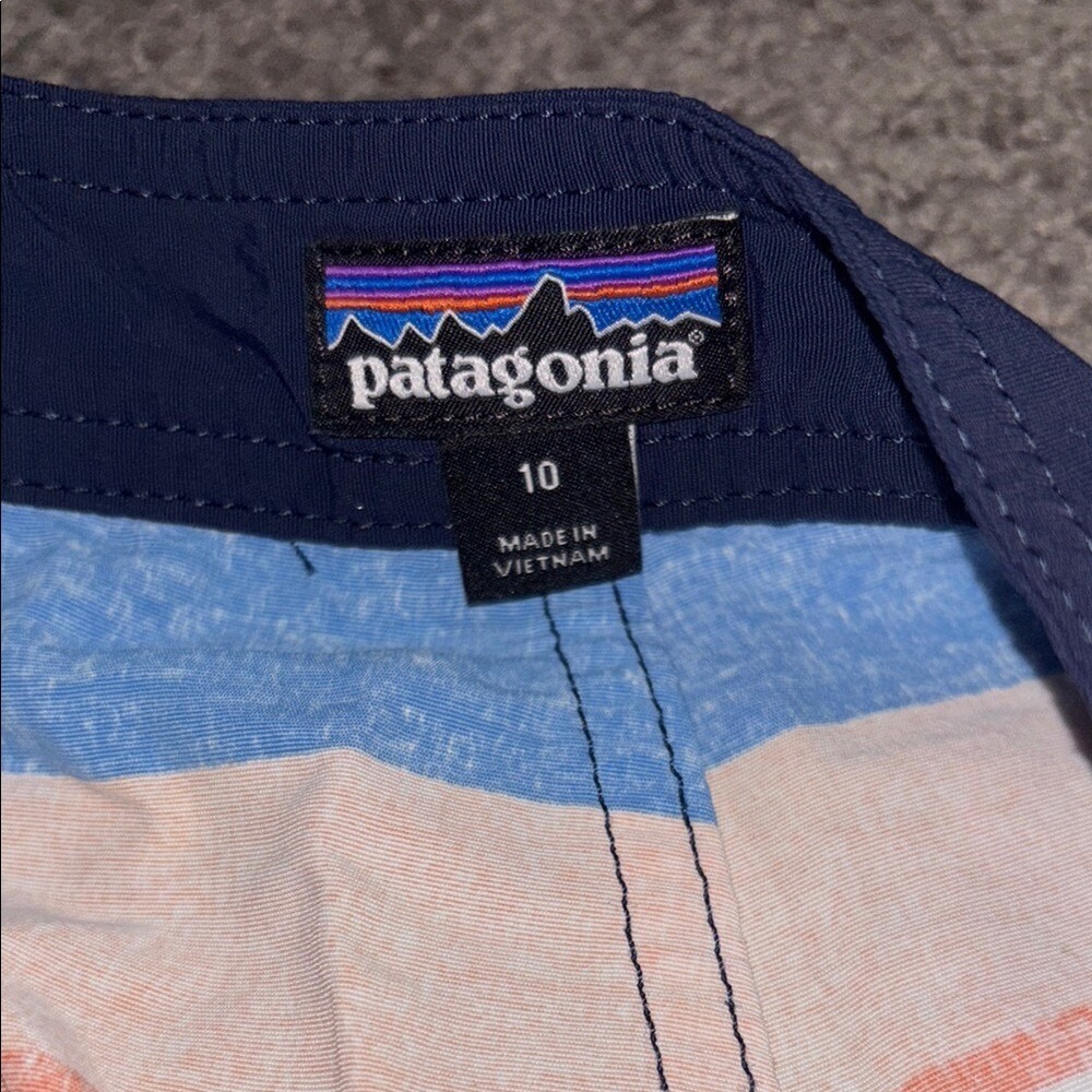Patagonia Boys Striped Board Shorts Swim Trunks Orange Blue Size 10 - Picture 4 of 8